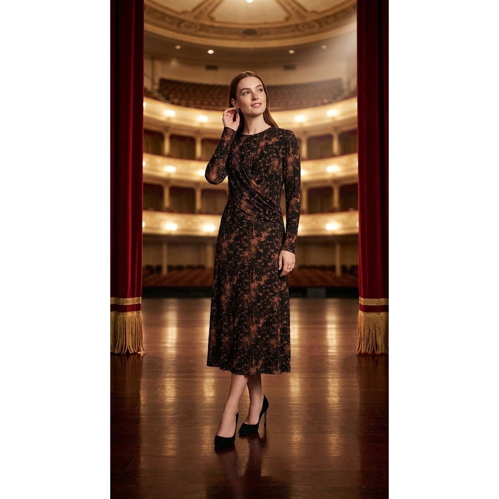 Calvin Klein Women's Faux Wrap Long Sleeve Sheath Black/Brown Print Maxi Dress L